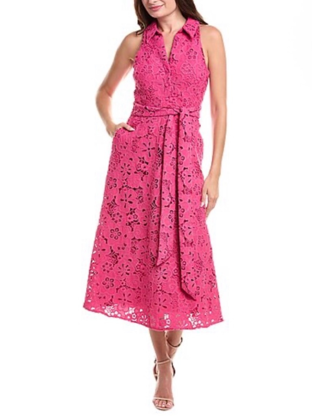 Badgley Mischka Floral Crochet Sleeveless Midi Dress with Tie Waist